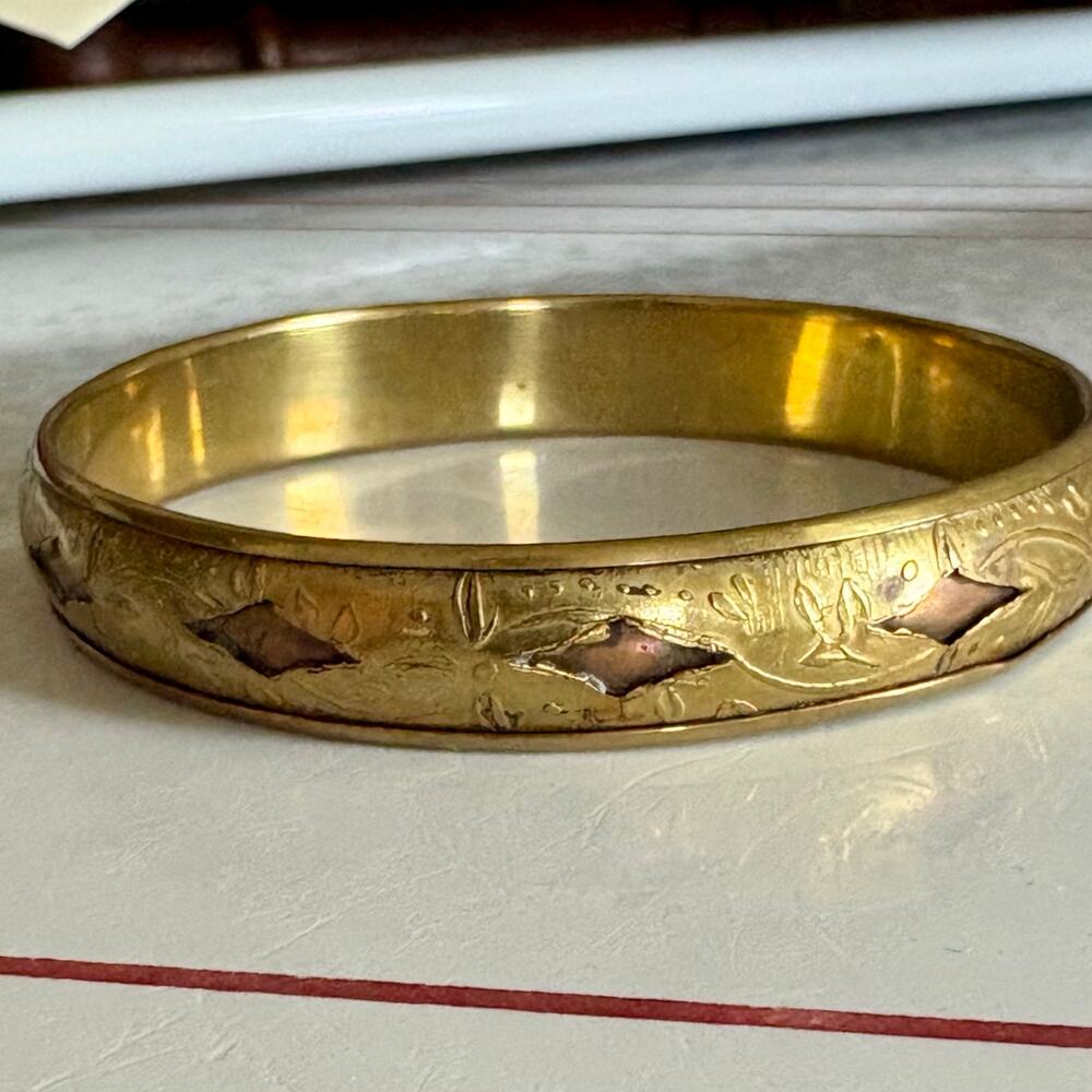 Vintage Etched Brass and Copper Bangle Bracelet, Cutout Design
